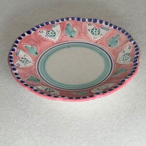 Solimene Vietri Italy Ceramic Bird Bowl Pink Blue Hand Painted Pottery 8.5 Inch